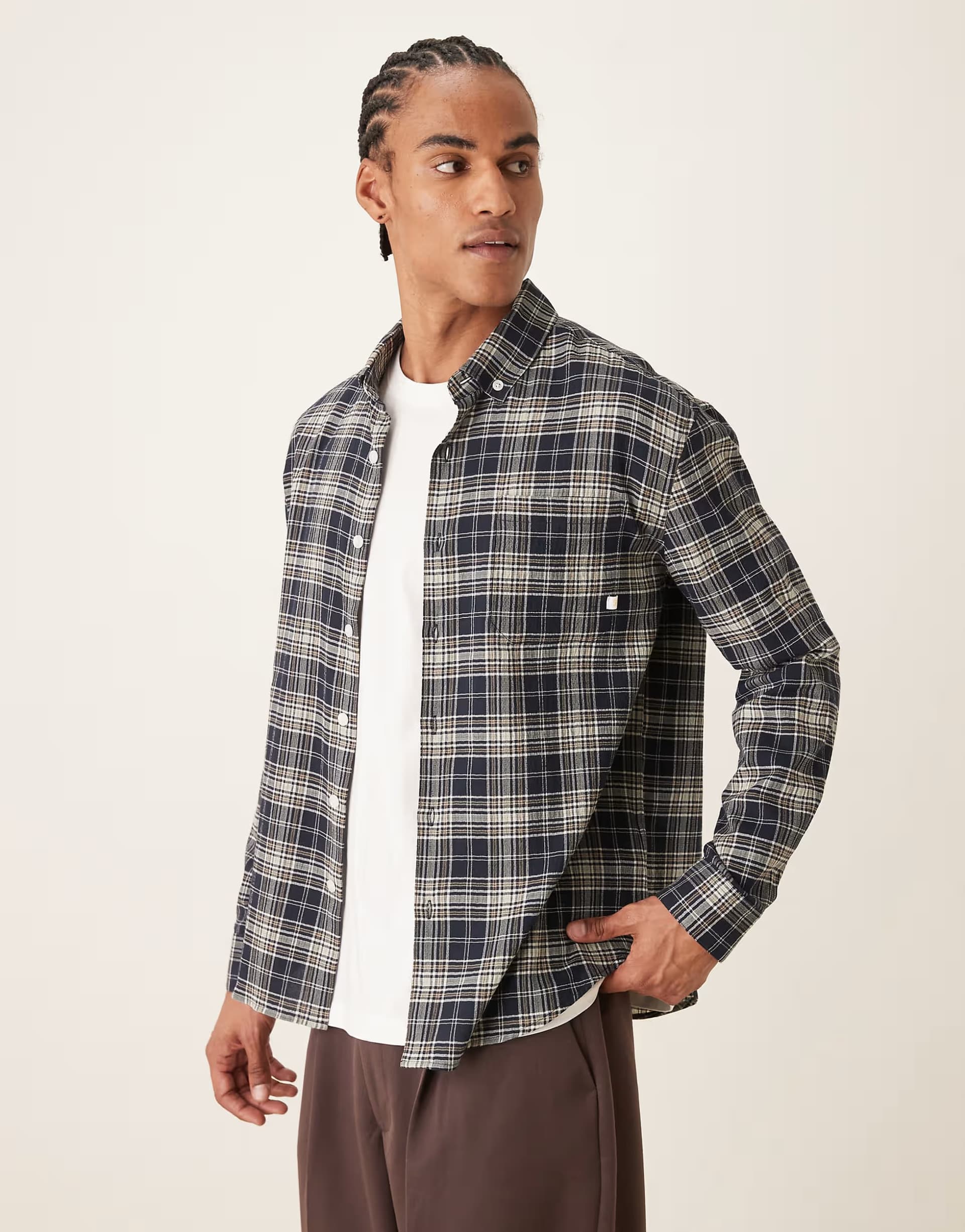 ASOS Farah Sands long sleeve logo shirt in navy check