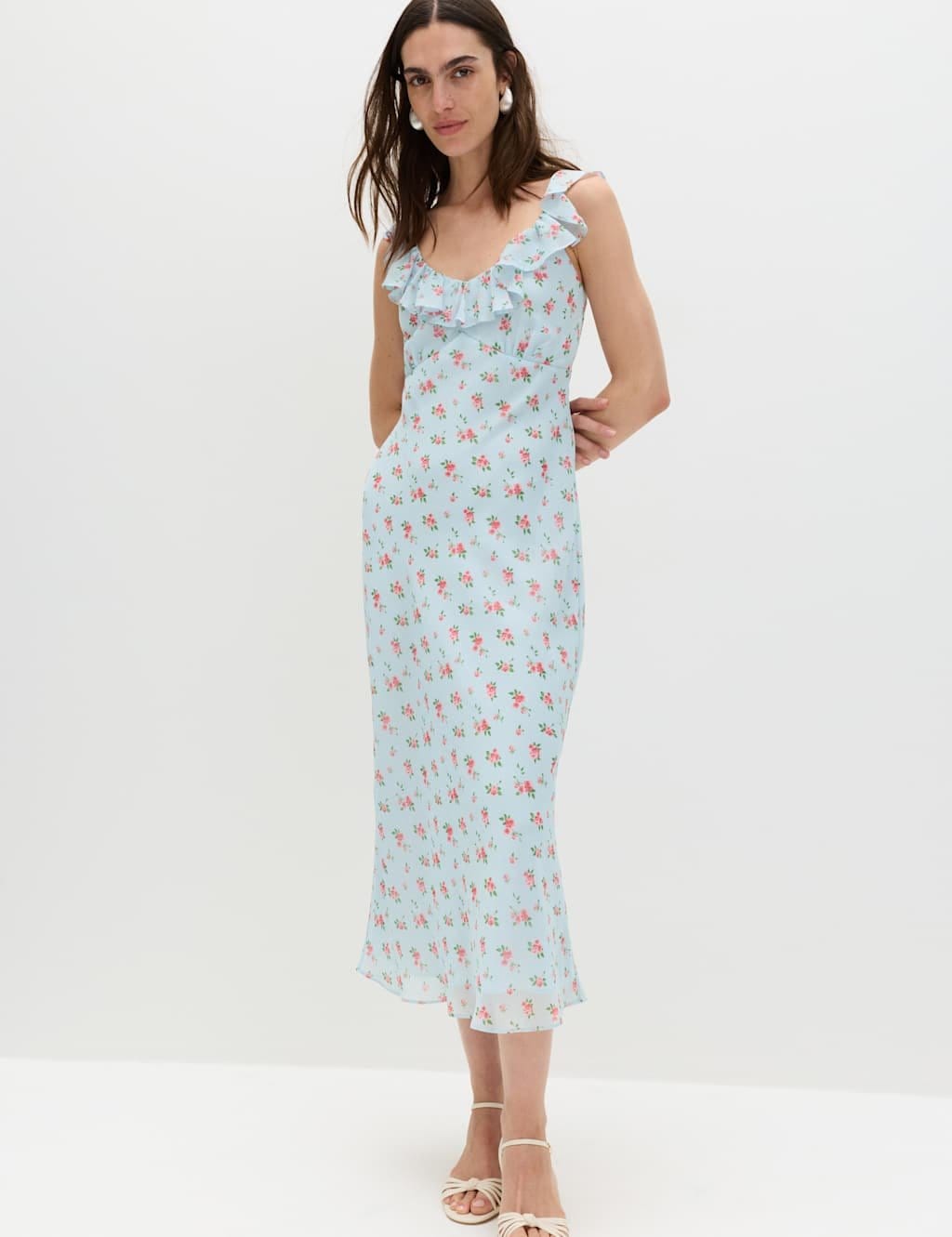 Marks & Spencer M&S Floral Ruffle Detail Midi Column Dress Blue Mix - 1