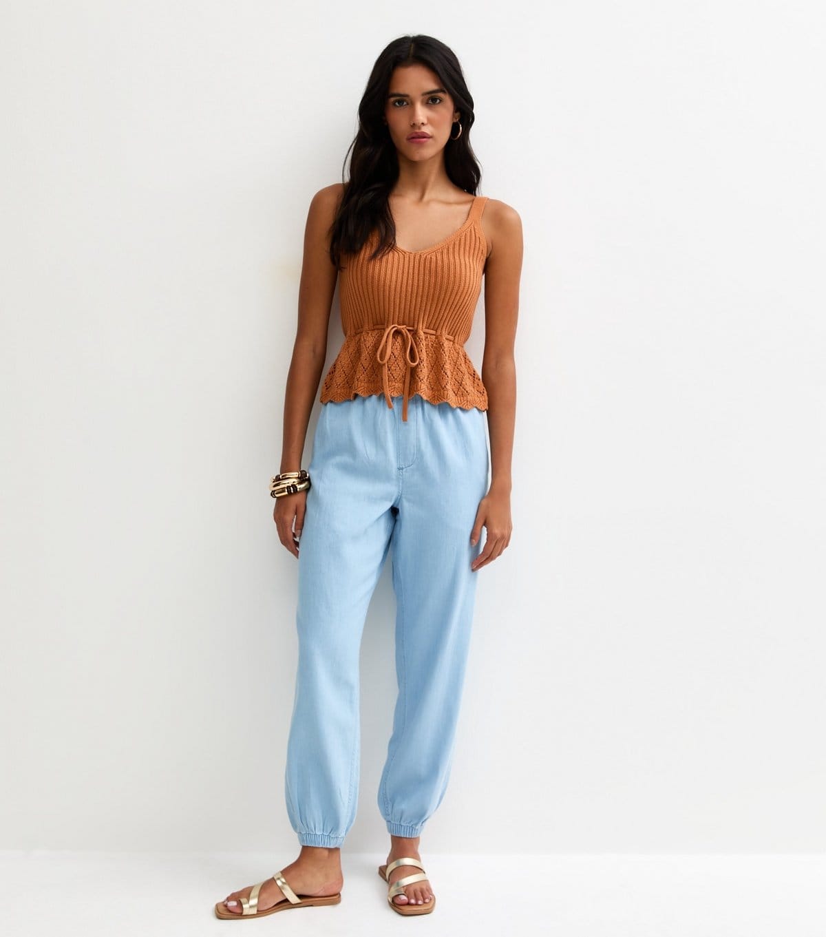 New Look Women's Light Blue Chambray Tapered Drawstring Trousers New Look - 4