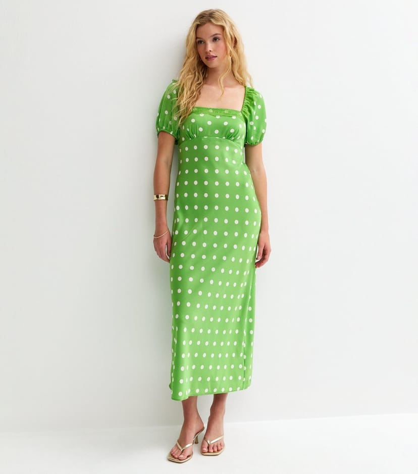 New Look Women's Green Polka Dot Puff Sleeve Midi Dress New Look - 1