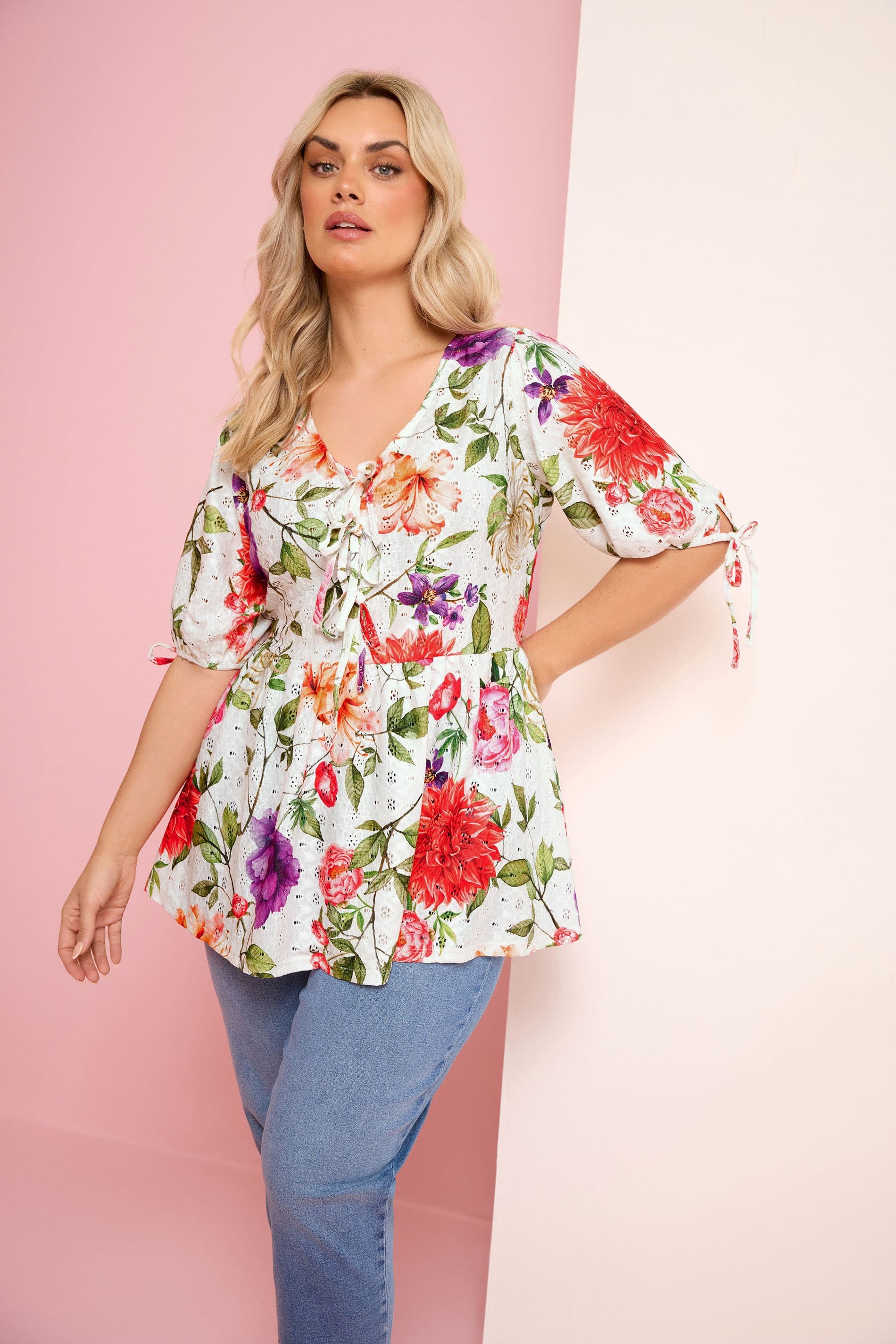 Yours Plus Size White Floral Broderie Anglaise Bow Tie Front Top