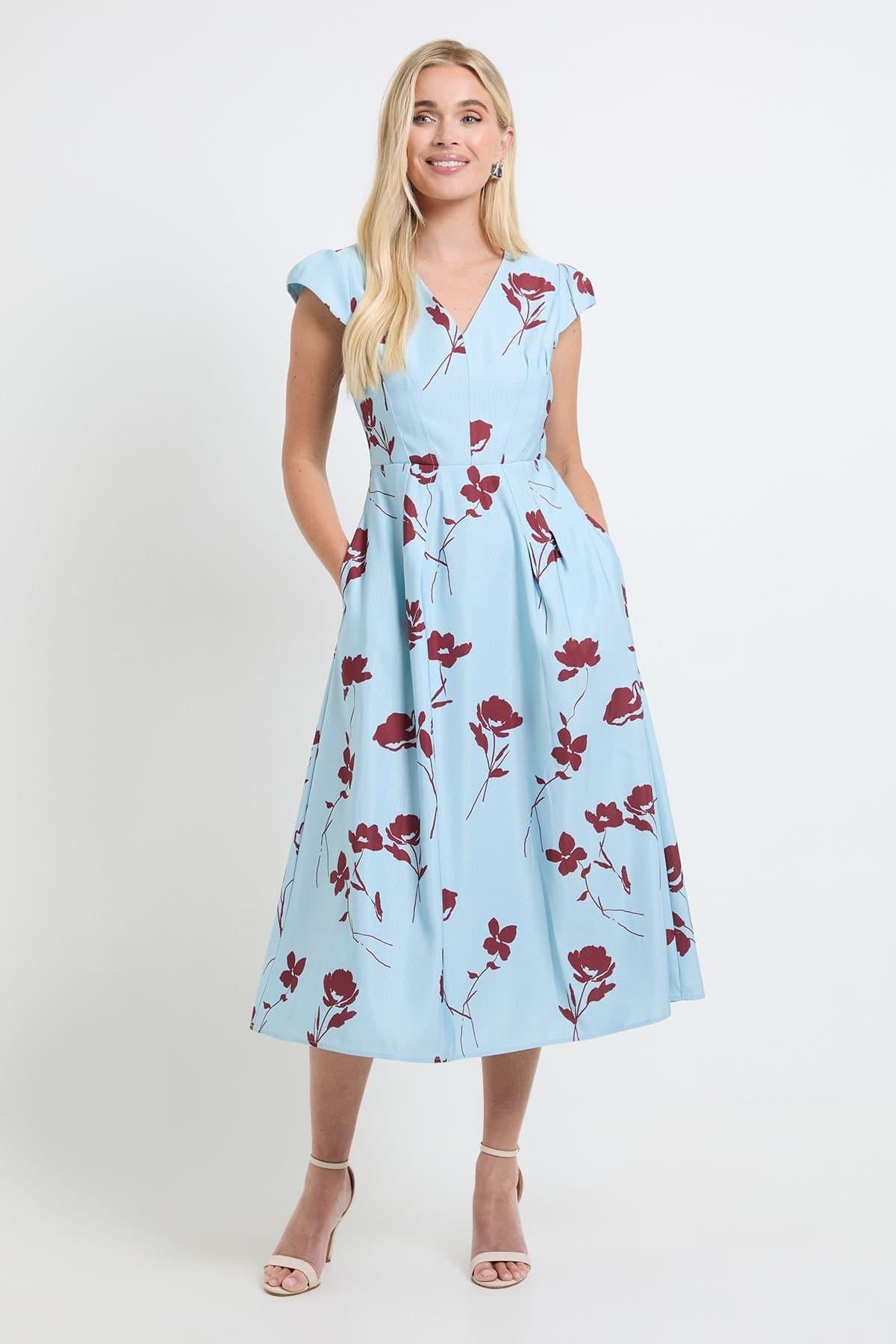 Wallis Wallis Women's Petite Floral Ottoman Twill Midi Dress in Blue