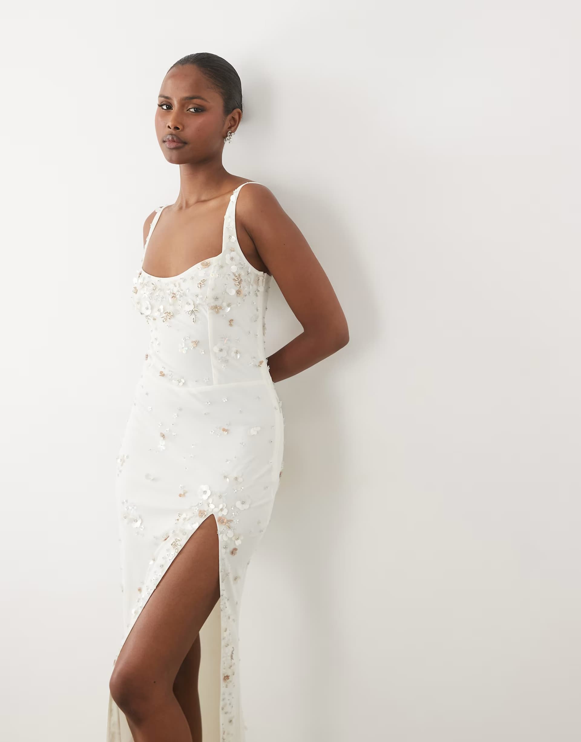 ASOS Oh Polly premium 3d flower sequin embellished lace up back maxi dress in ivory