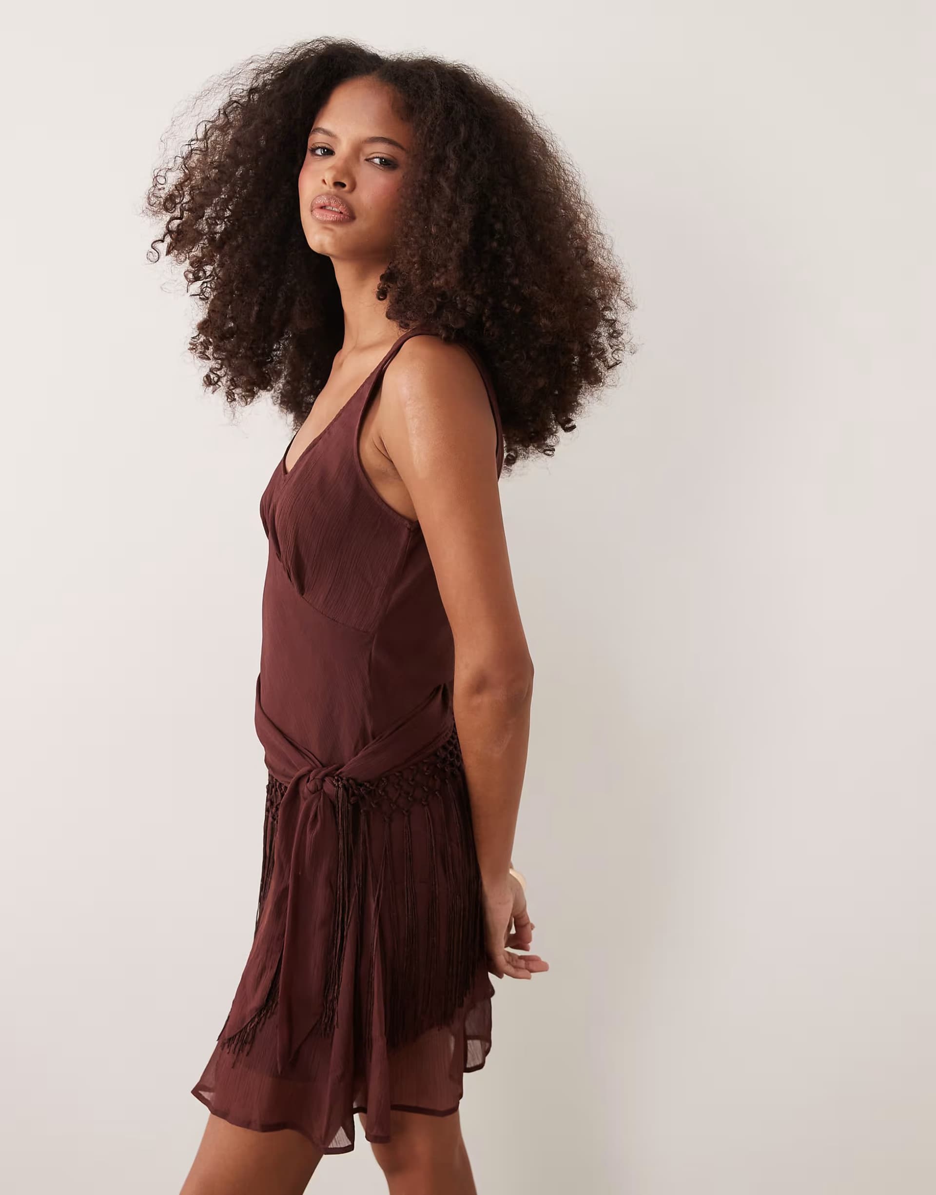 ASOS ASOS DESIGN chiffon draped fringe detail mini dress in chocolate