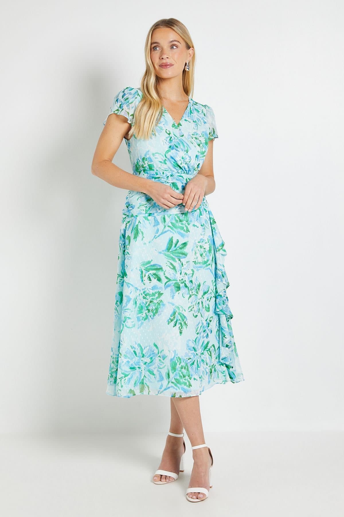 Wallis Wallis Women's Petite Floral Dobby Ruffle Midi Dress in Blue