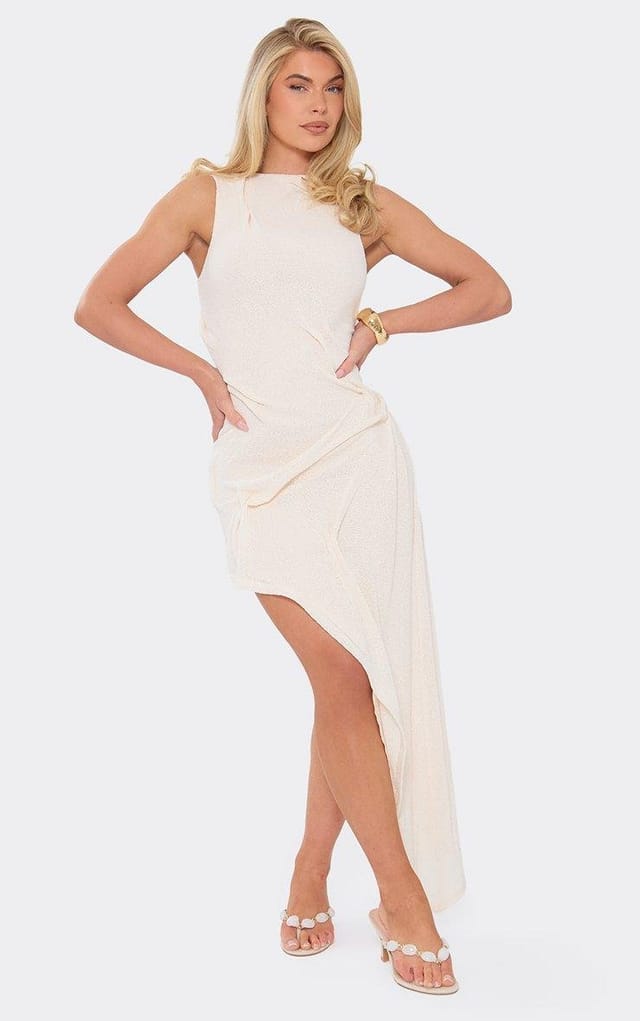 EGO Sleeveless Ruched Detail Side Split Midi Dress In Cream Knit, Women's Size UK 6 - 2
