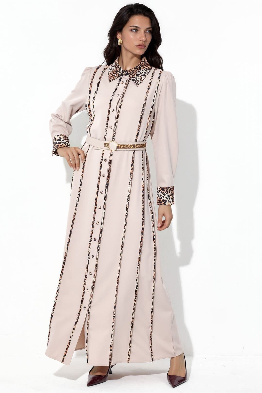 MSN Collection MSN Collection Women's Leopard Print Maxi Shirt Dress in Beige