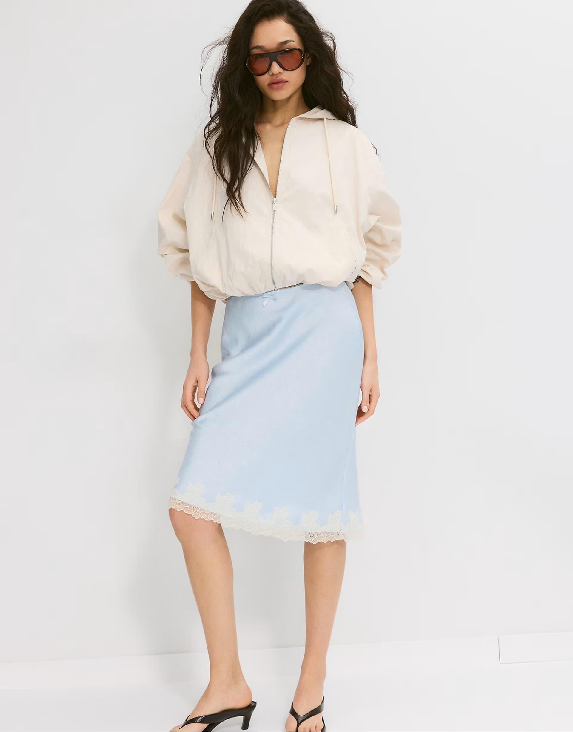 ASOS Stradivarius Satin skirt with contrast lace in sky blue