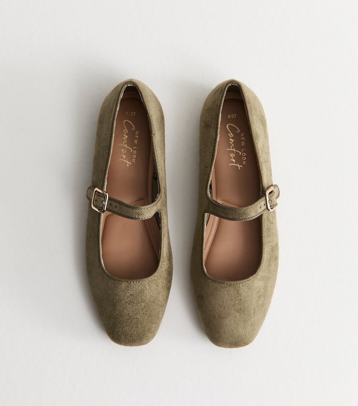 New Look Women's Dark Khaki Faux Suede Mary Jane Ballet Flats Vegan New Look