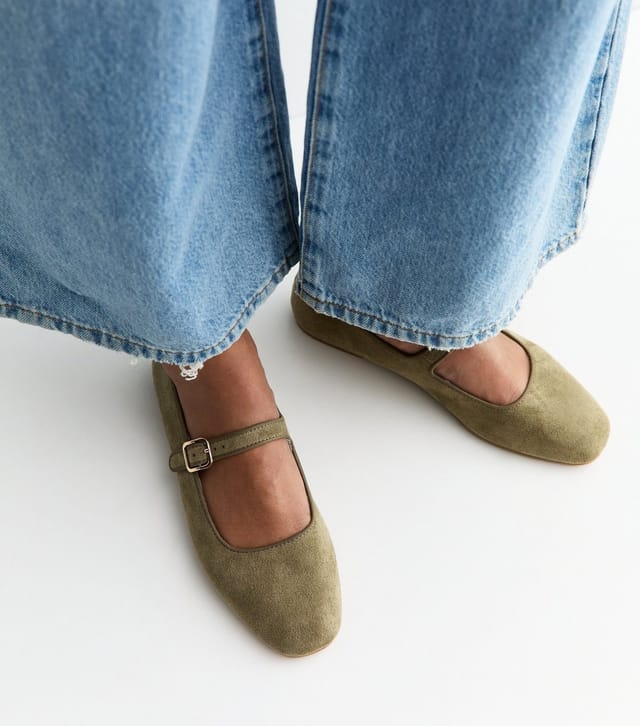 New Look Women's Dark Khaki Faux Suede Mary Jane Ballet Flats Vegan New Look - 2