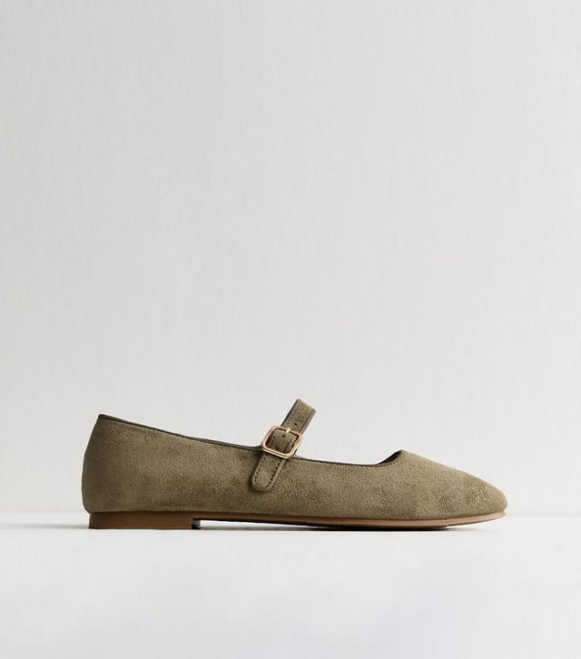 New Look Women's Dark Khaki Faux Suede Mary Jane Ballet Flats Vegan New Look - 3