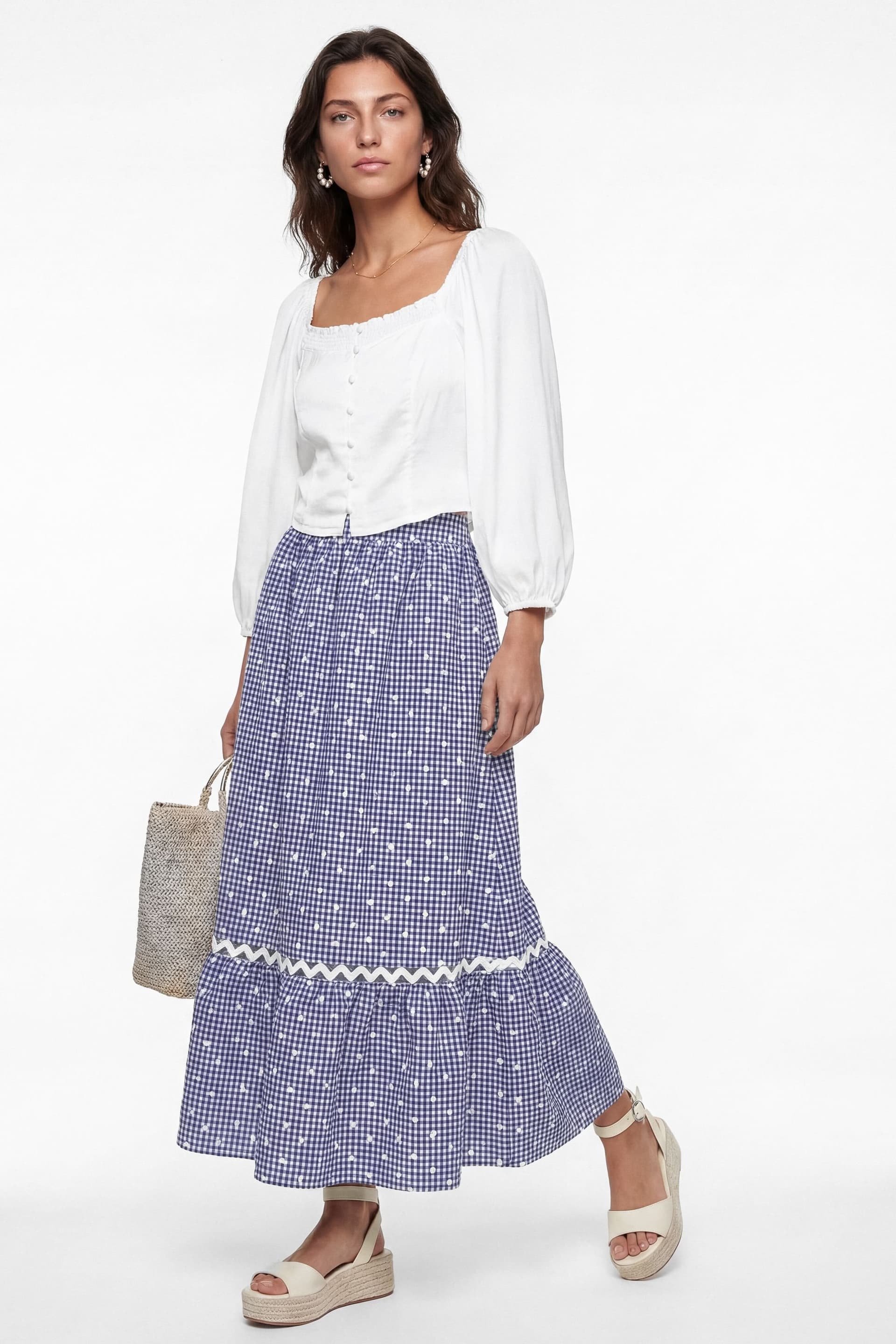 Lovedrobe Lovedrobe Women's Gingham & Polka Dot Midi Skirt in Blue