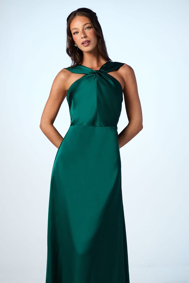 Coast Coast Women's Twisted Halterneck Satin Maxi Bridesmaid Dress in Emerald - 2