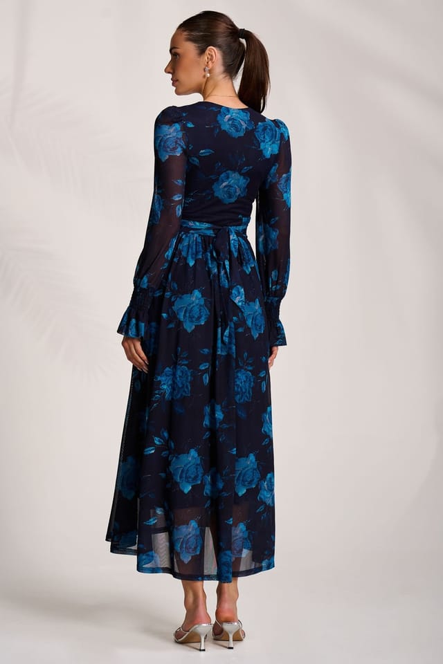 Jolie Moi Jolie Moi Women's Long Sleeve V Neck Mesh Maxi Dress in Navy - 2