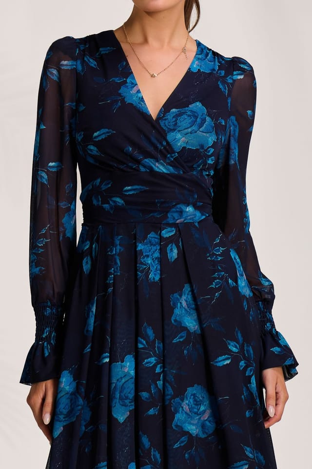 Jolie Moi Jolie Moi Women's Long Sleeve V Neck Mesh Maxi Dress in Navy - 3