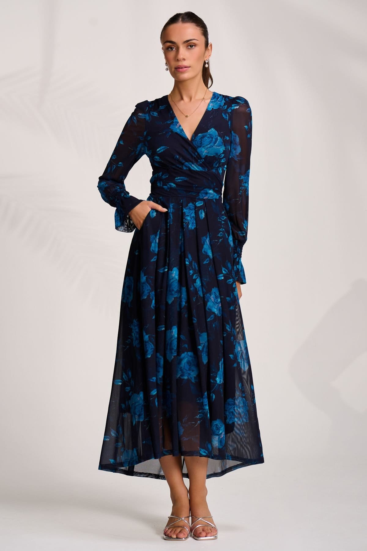 Jolie Moi Jolie Moi Women's Long Sleeve V Neck Mesh Maxi Dress in Navy - 4