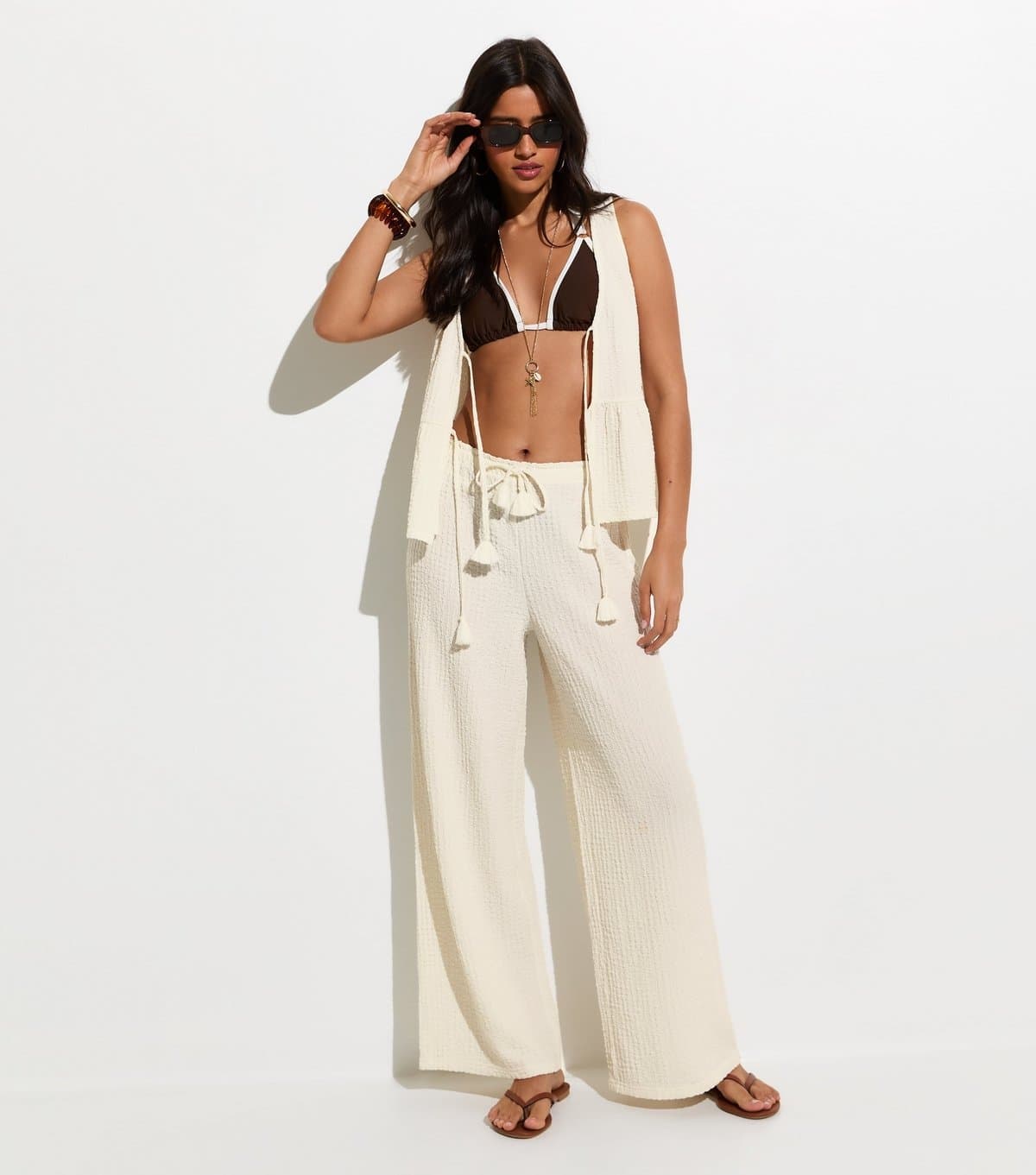 New Look Women's Off White Textured Jersey Beach Wide Leg Trouser New Look