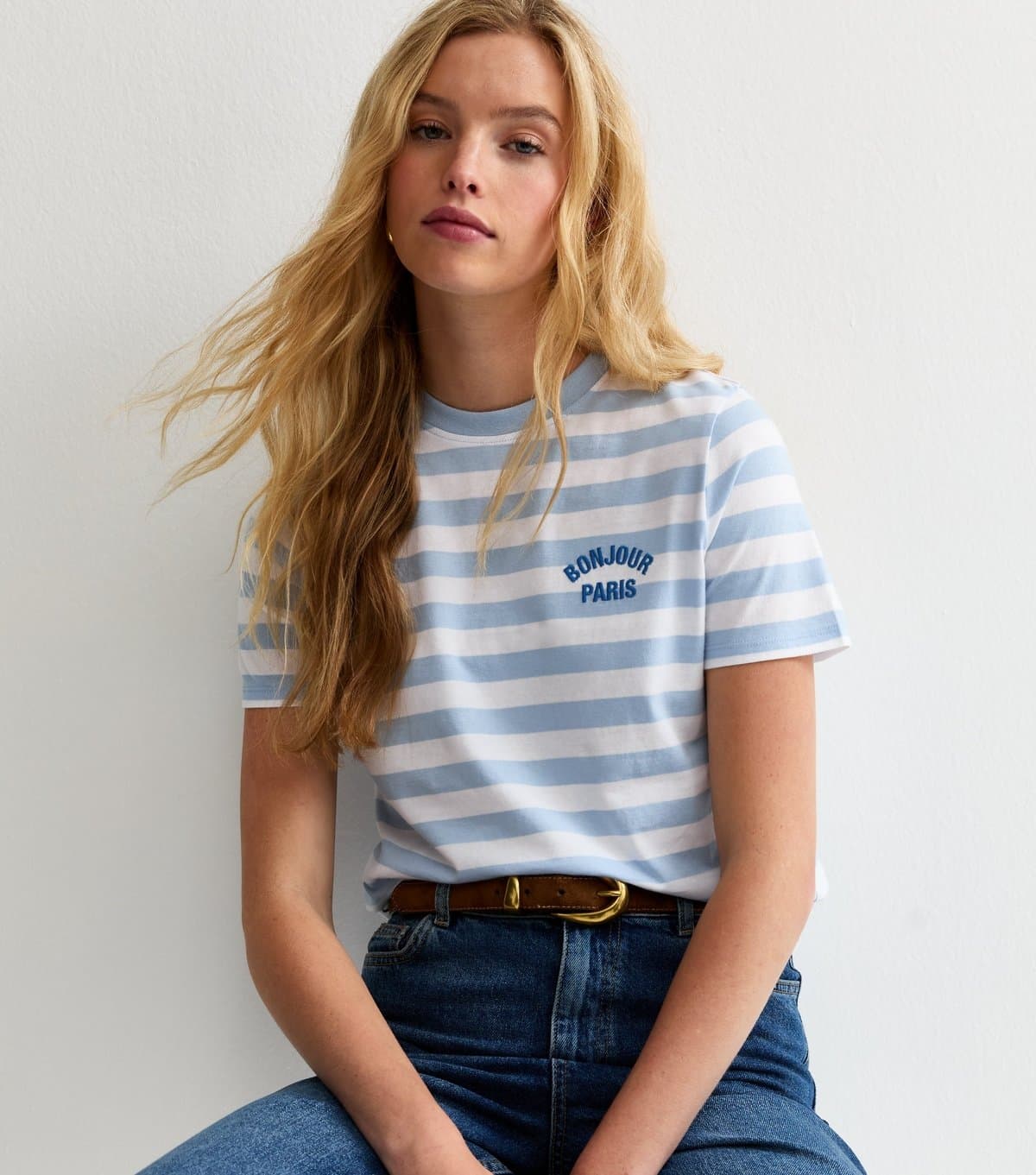 New Look Women's Blue Striped Bonjour Paris Embroidered T-Shirt New Look