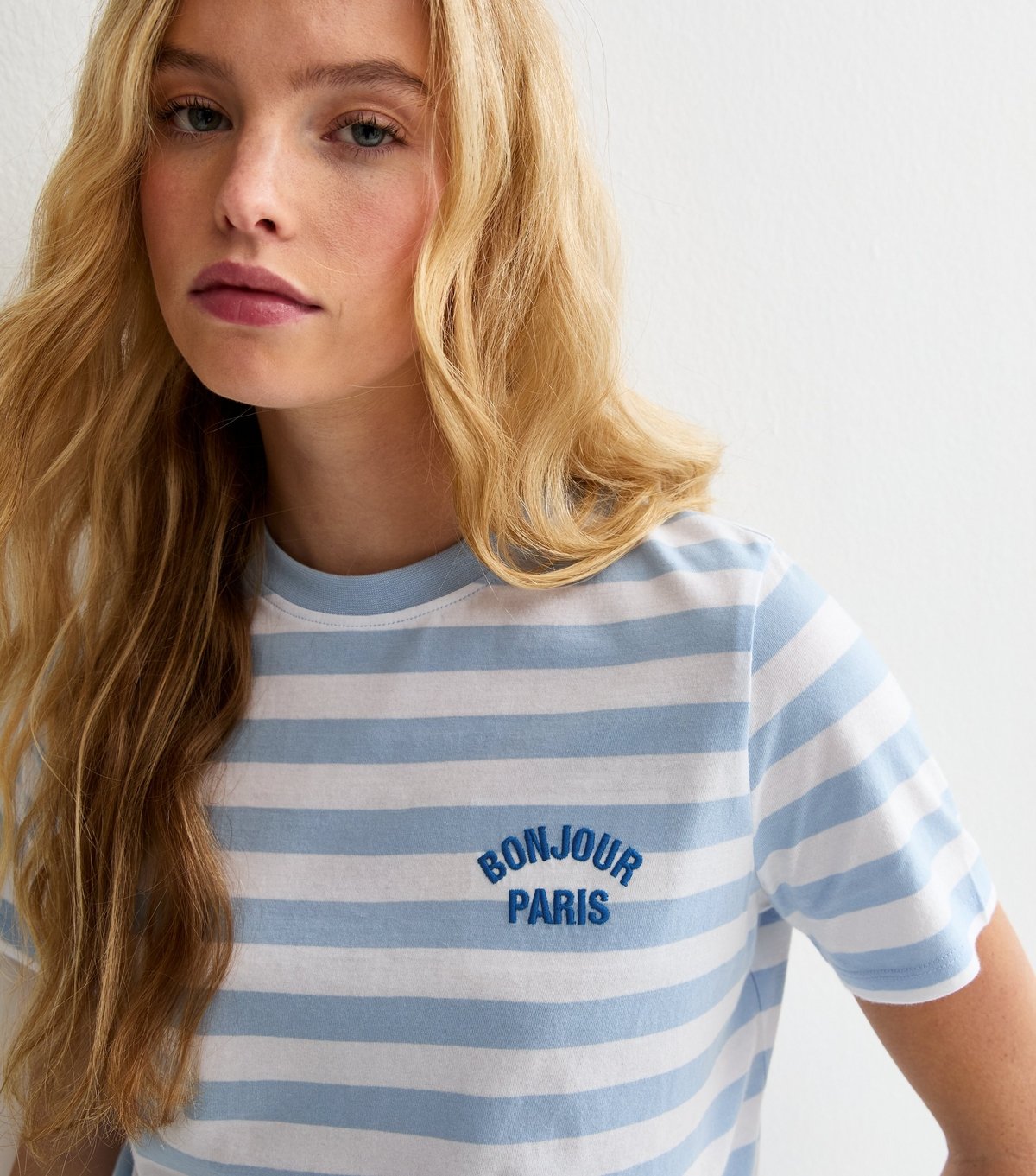 New Look Women's Blue Striped Bonjour Paris Embroidered T-Shirt New Look - 2