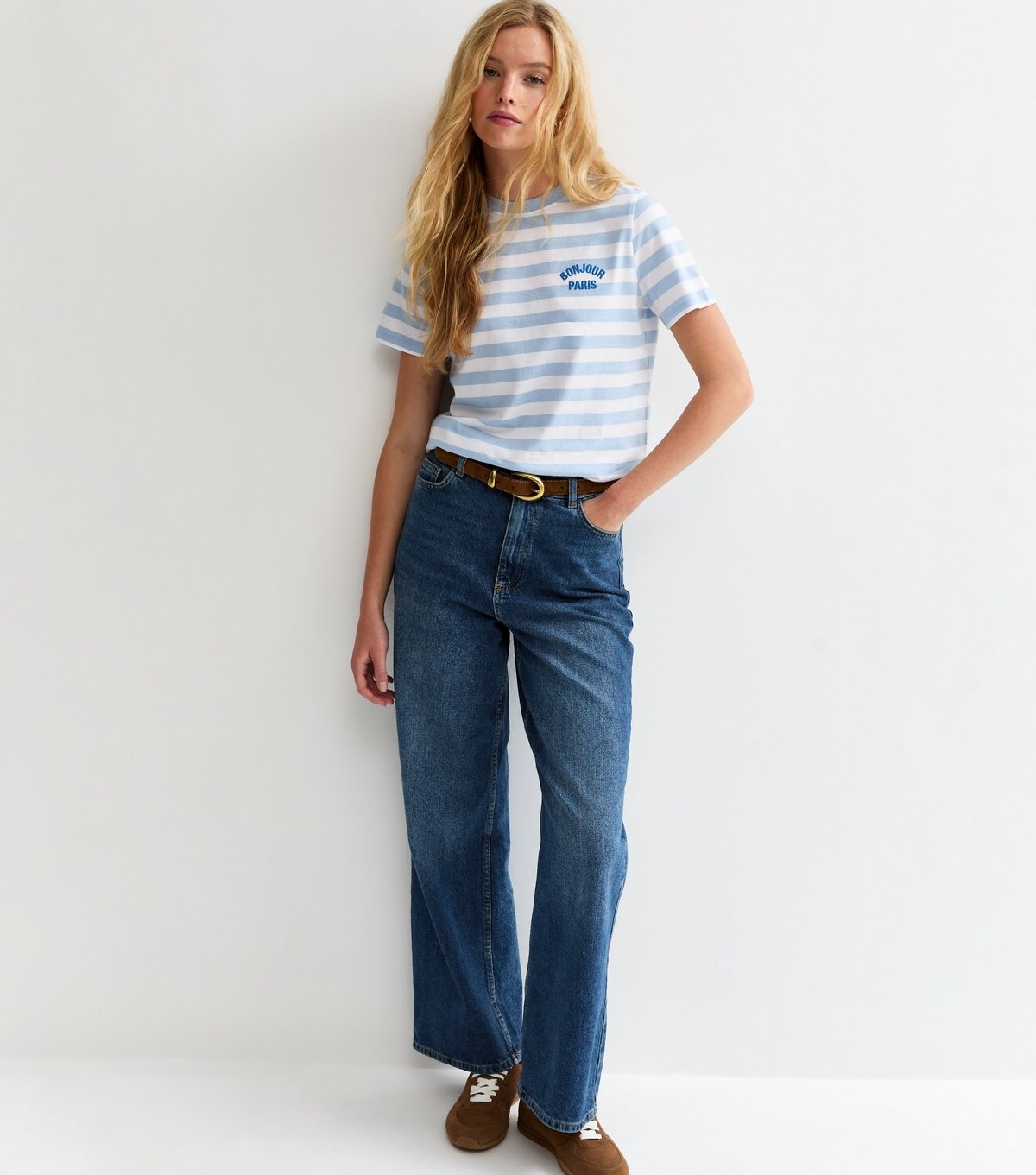 New Look Women's Blue Striped Bonjour Paris Embroidered T-Shirt New Look - 3