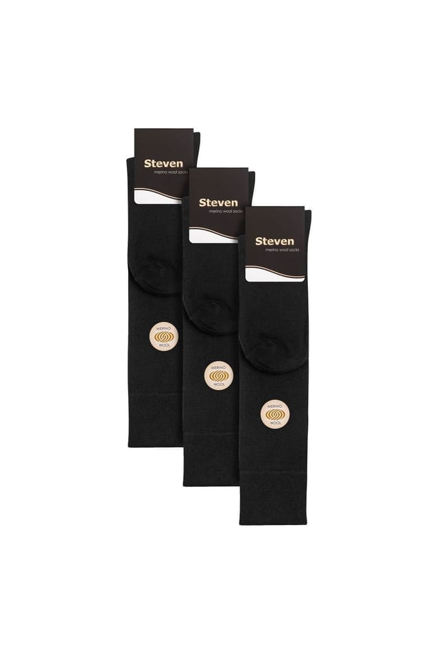 Steven Steven Men's 3 Pairs Knee High Soft Breathable Merino Wool Socks in Black - 2