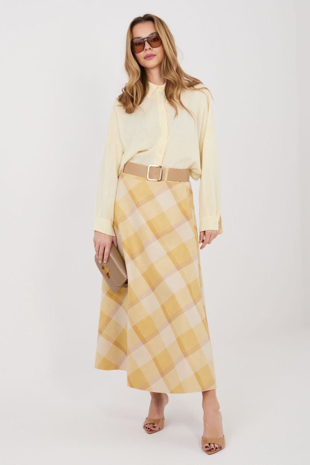 Love Lace Love Lace Women's Check Flared Maxi Skirt with Belt in Yellow