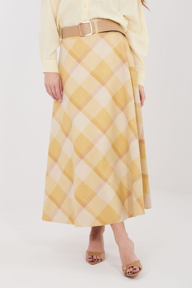 Love Lace Love Lace Women's Check Flared Maxi Skirt with Belt in Yellow - 2