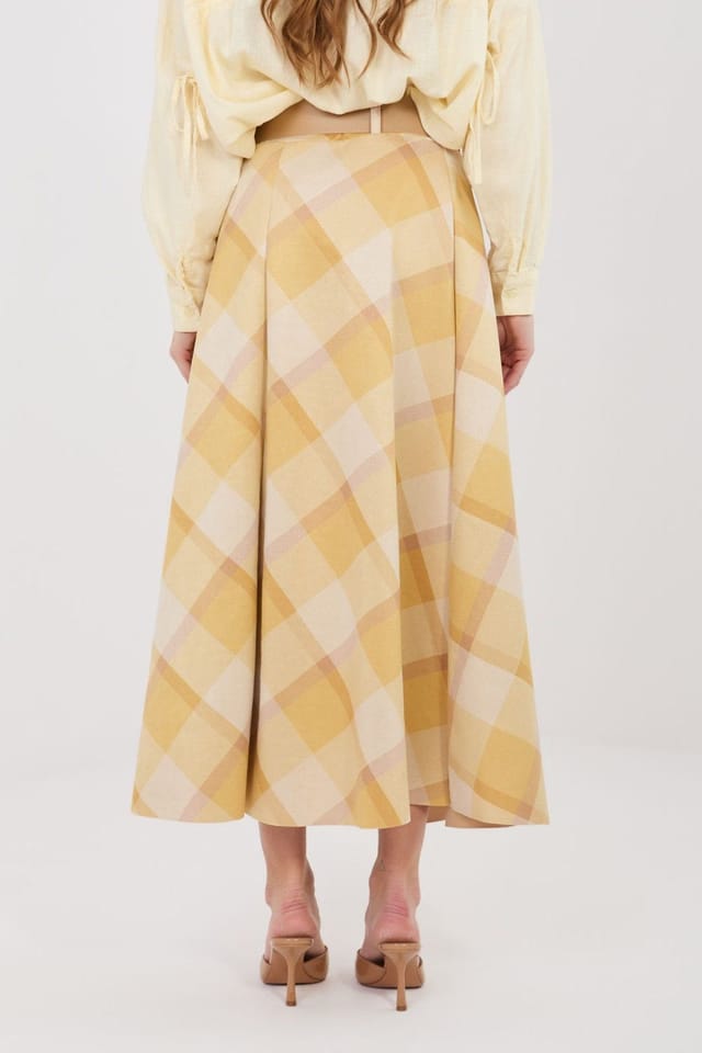 Love Lace Love Lace Women's Check Flared Maxi Skirt with Belt in Yellow - 3