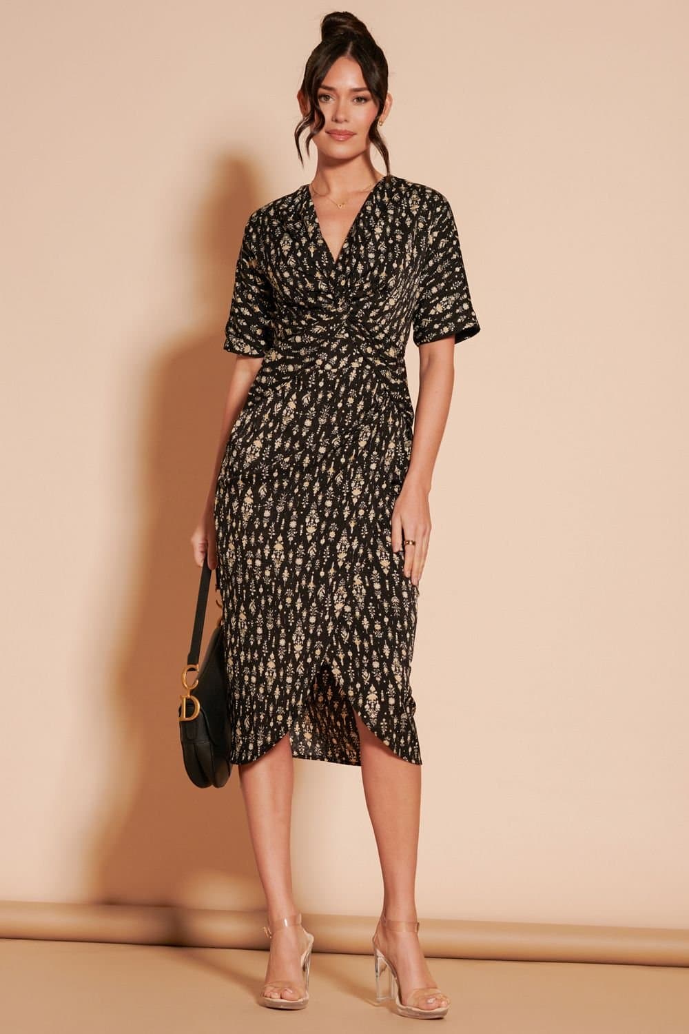 Jolie Moi Jolie Moi Women's Print Twist Front Tulip Midi Dress in Black