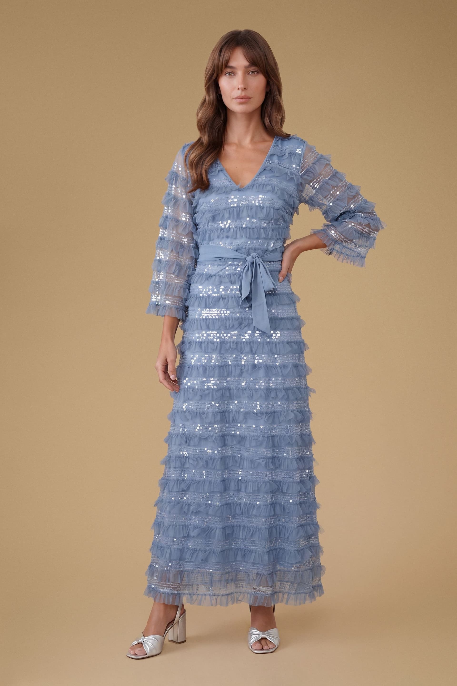Oasis Oasis Women's Flare Sleeve Sequin Mesh Ruffle Bow Back Maxi Dress in Slate Blue