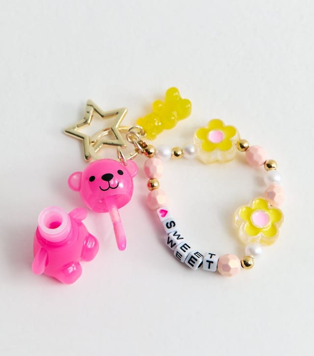 New Look Pink Teddy Lip Balm and Bracelet Key Chain New Look - 3
