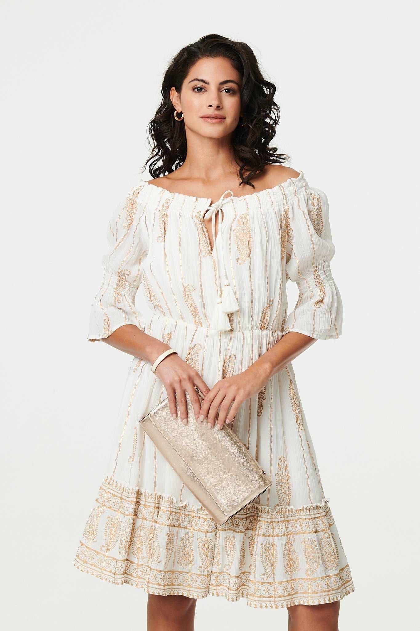 Izabel London Izabel London Women's Ikat Print Knee Length Bardot Dress in White