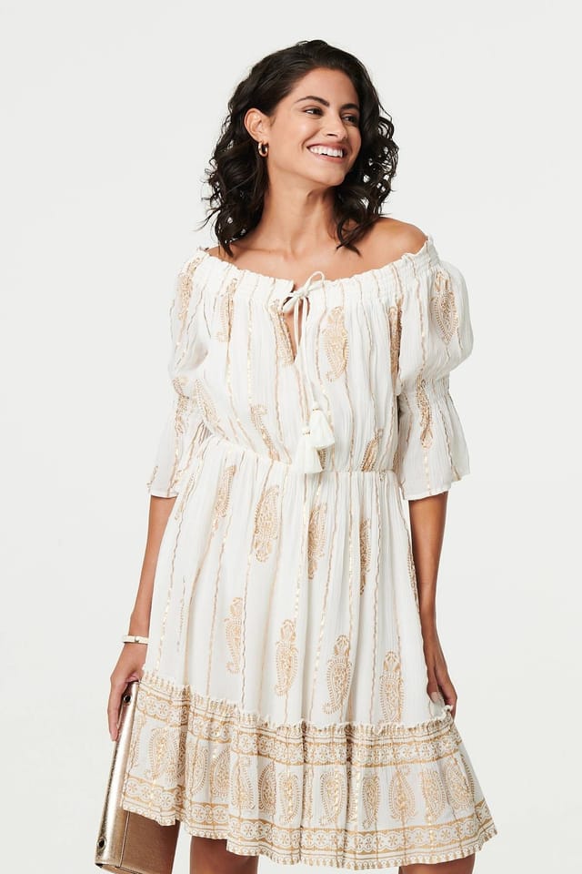 Izabel London Izabel London Women's Ikat Print Knee Length Bardot Dress in White - 2