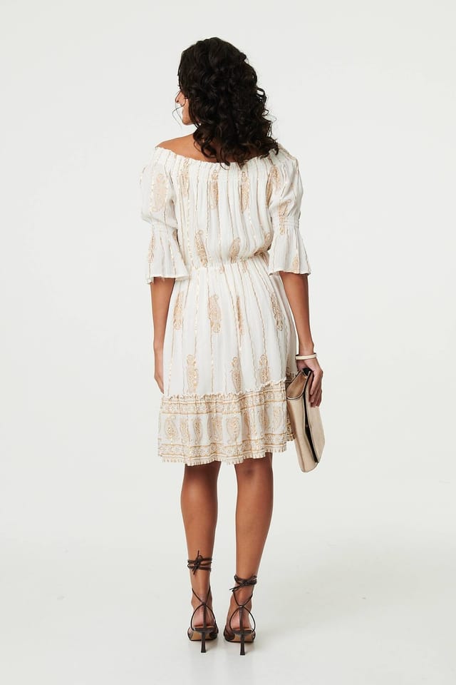 Izabel London Izabel London Women's Ikat Print Knee Length Bardot Dress in White - 3