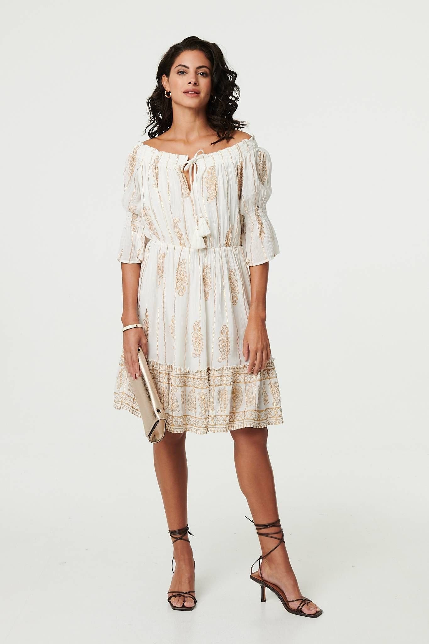 Izabel London Izabel London Women's Ikat Print Knee Length Bardot Dress in White - 4
