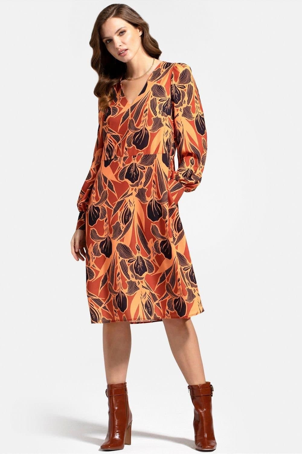 Hot Squash Hot Squash Women's Chiffon Loose Dress with V Neck in Brown