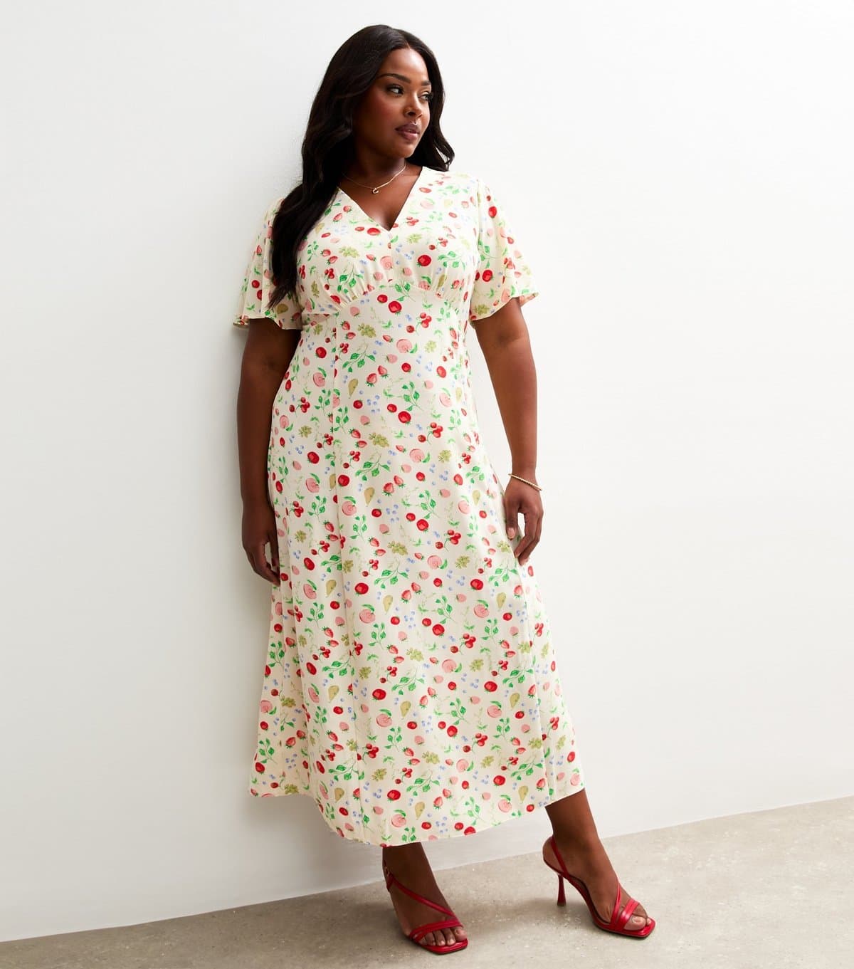 New Look Women's Plus Size Cream Fruit Print Short Sleeve Midi Tea Dress Curves New Look
