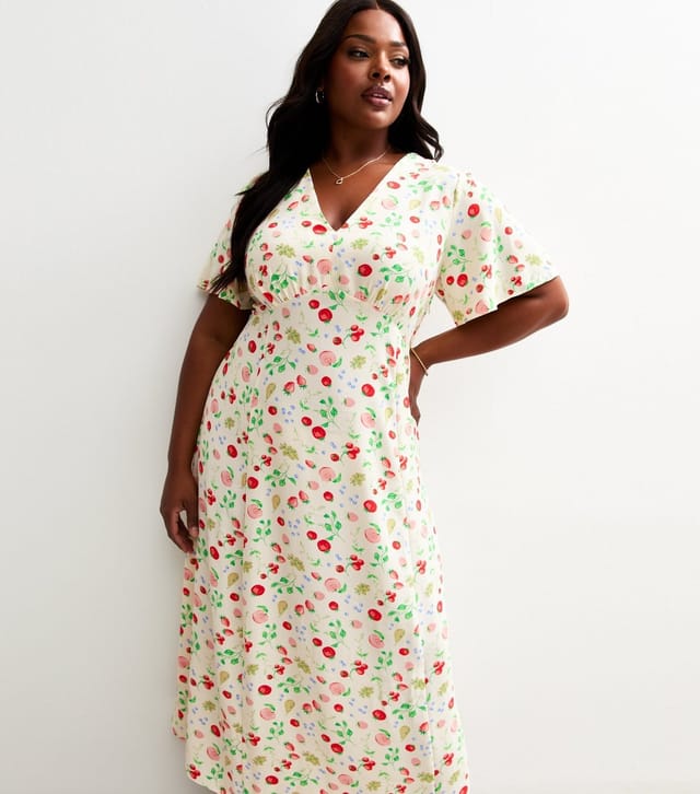 New Look Women's Plus Size Cream Fruit Print Short Sleeve Midi Tea Dress Curves New Look - 2
