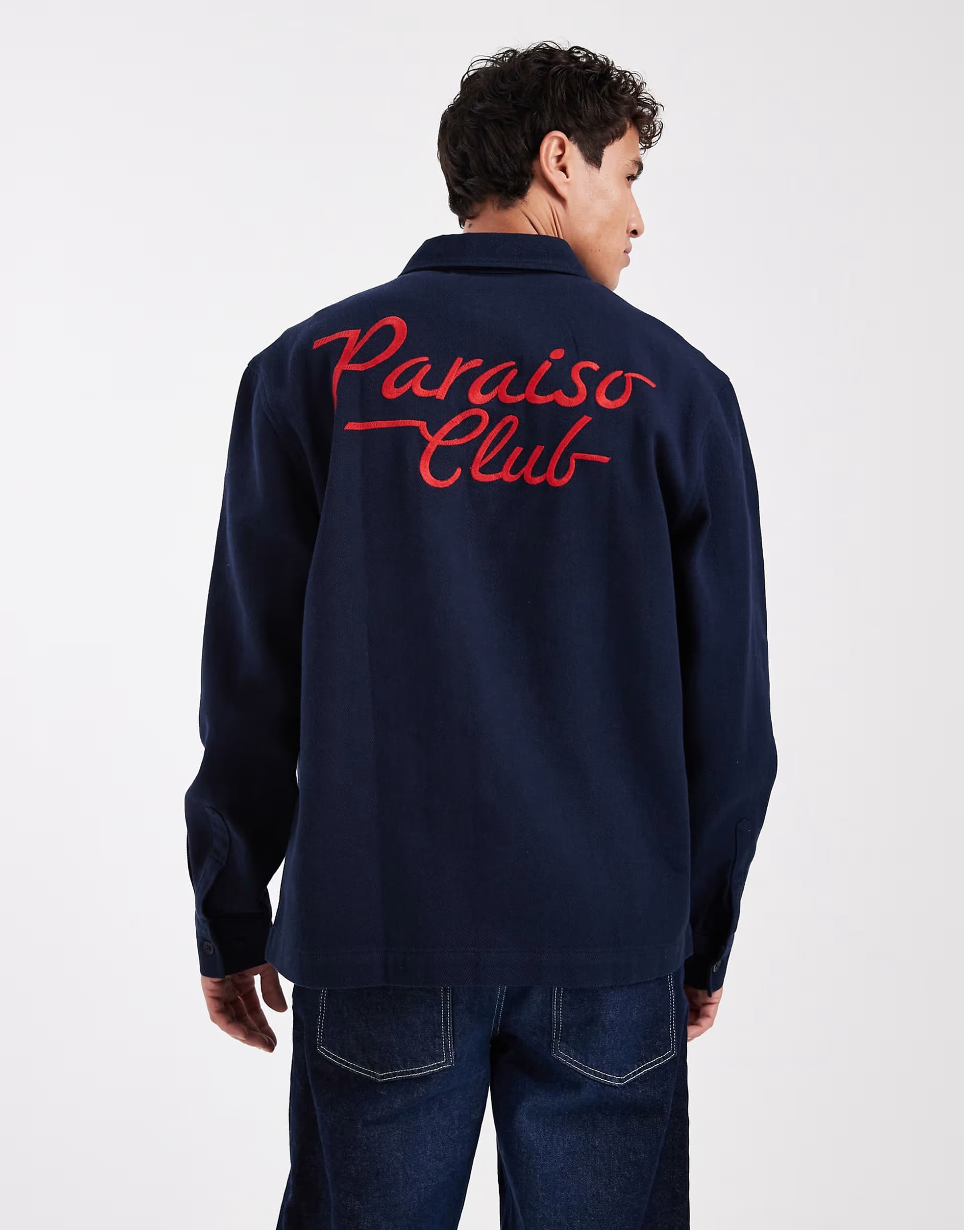 ASOS ASOS DESIGN cotton overshirt with back embroidery in navy