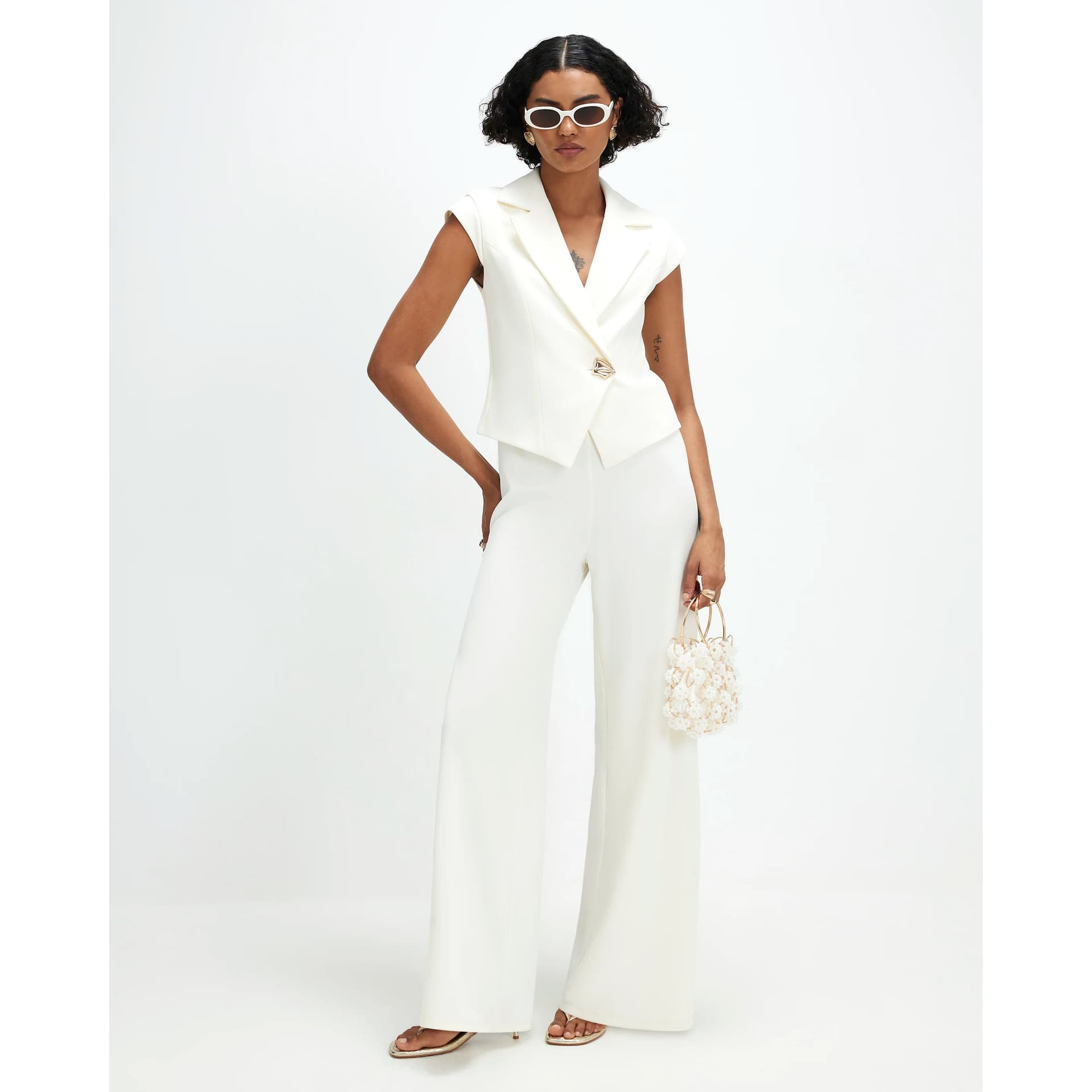 River Island River Island Womens Cream Cap Sleeve Jumpsuit