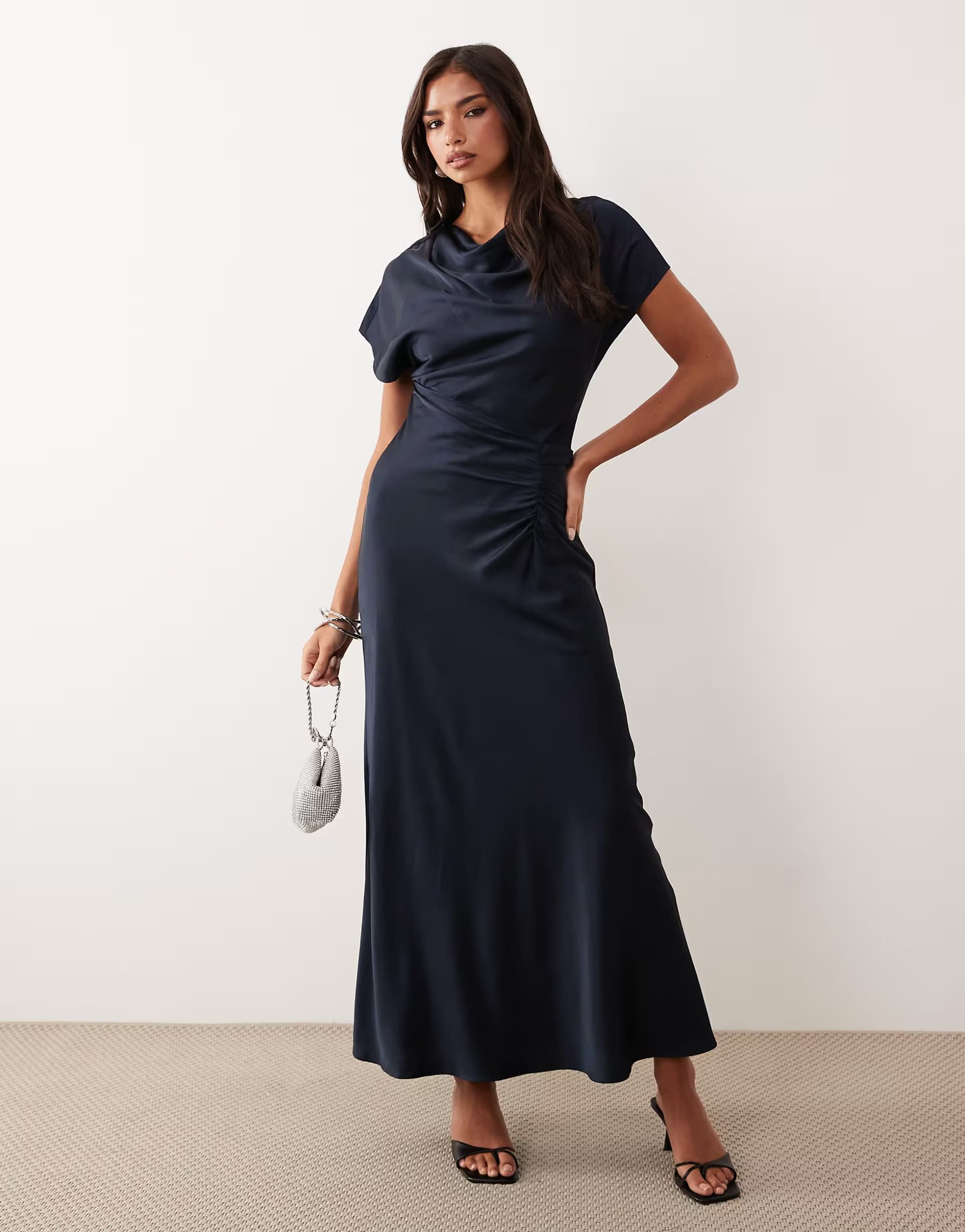ASOS Forever New satin high neck tuck side detail bias maxi dress in navy