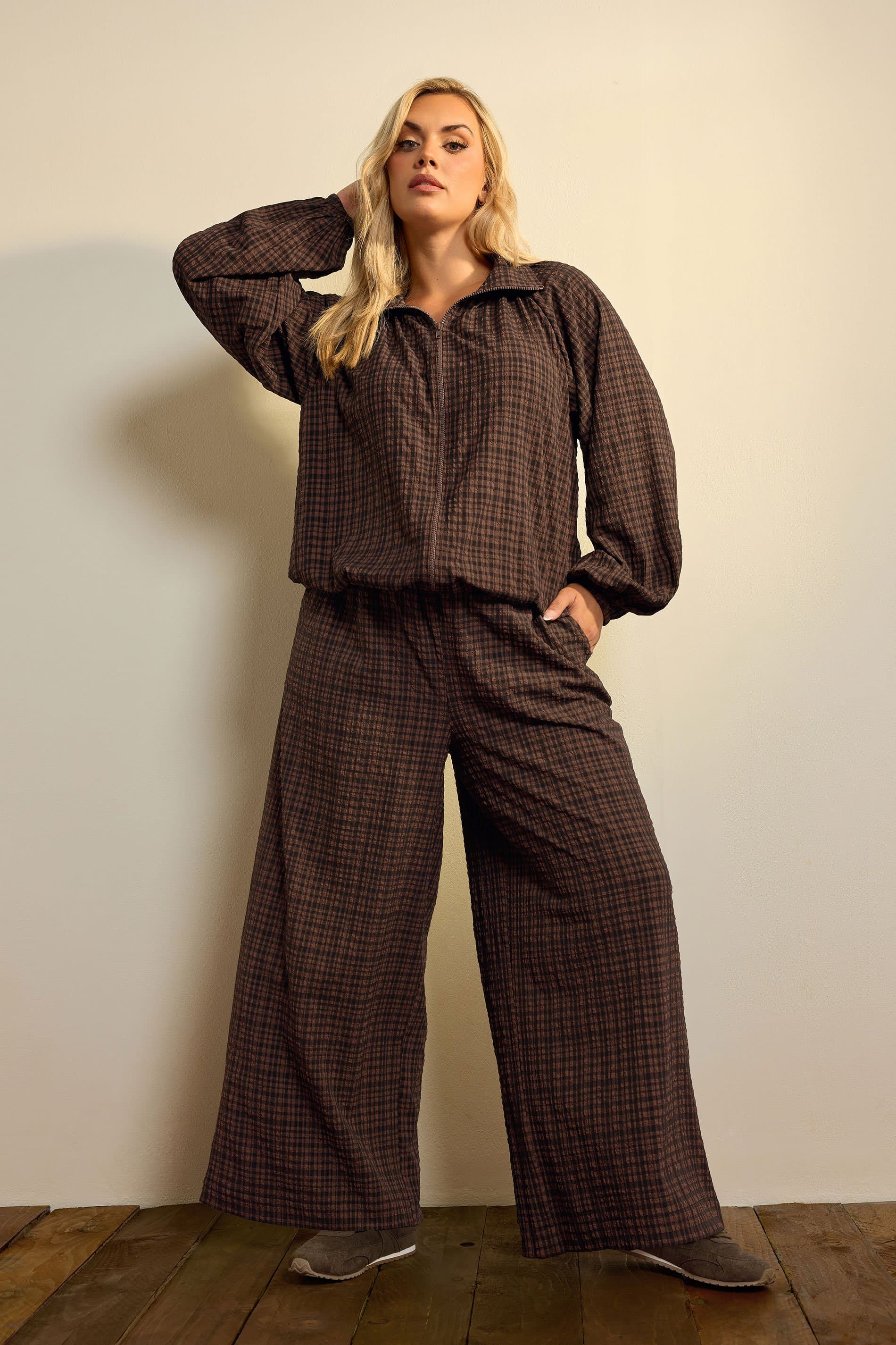 Yours Plus Size Brown Gingham Funnel Neck Bomber Jacket