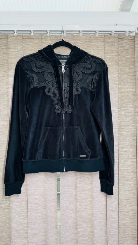 Lipsy Lipsy London black velour lace detail zip hoodie jacket UK 12
