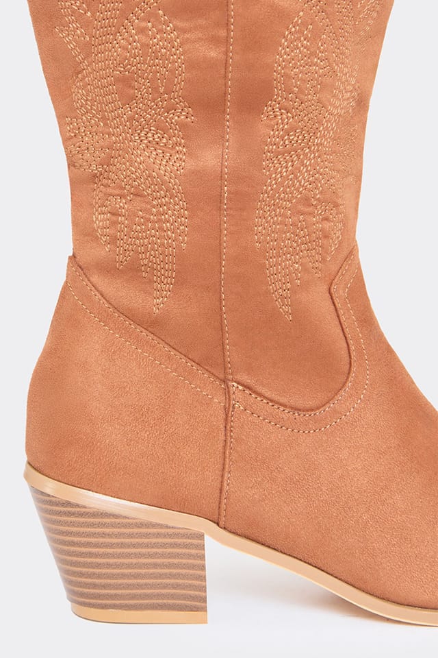 EGO EGO Women's Western Cowboy Embroidered Faux Suede Block Heel Boots in Camel - 3