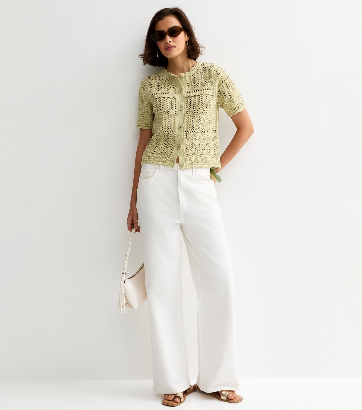 New Look Women's Green Cotton Rich Patterned Knit Short Sleeve Cardigan New Look - 4