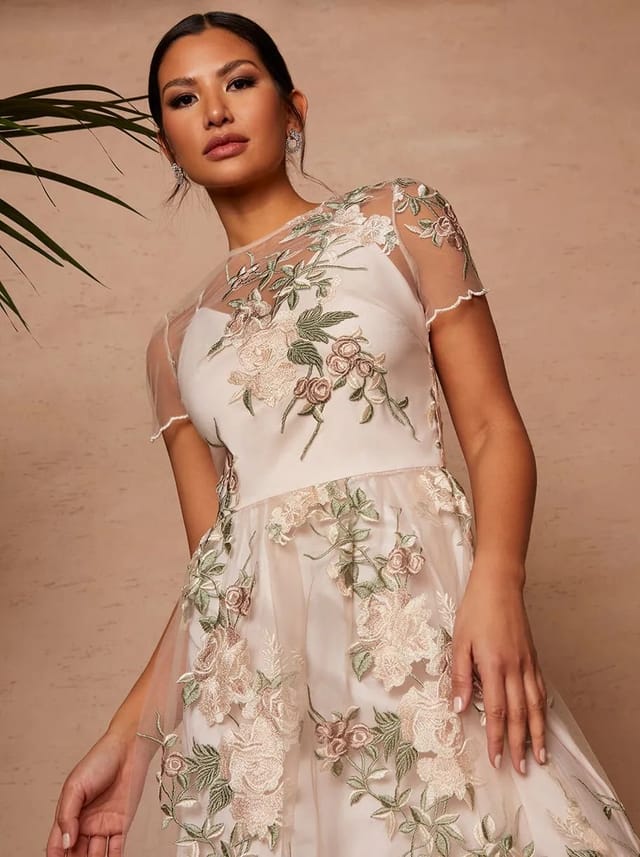 chi chi london Chi Chi London Women's Floral Embroidered Mesh Overlay Midi Dress in Nude in Beige - 2