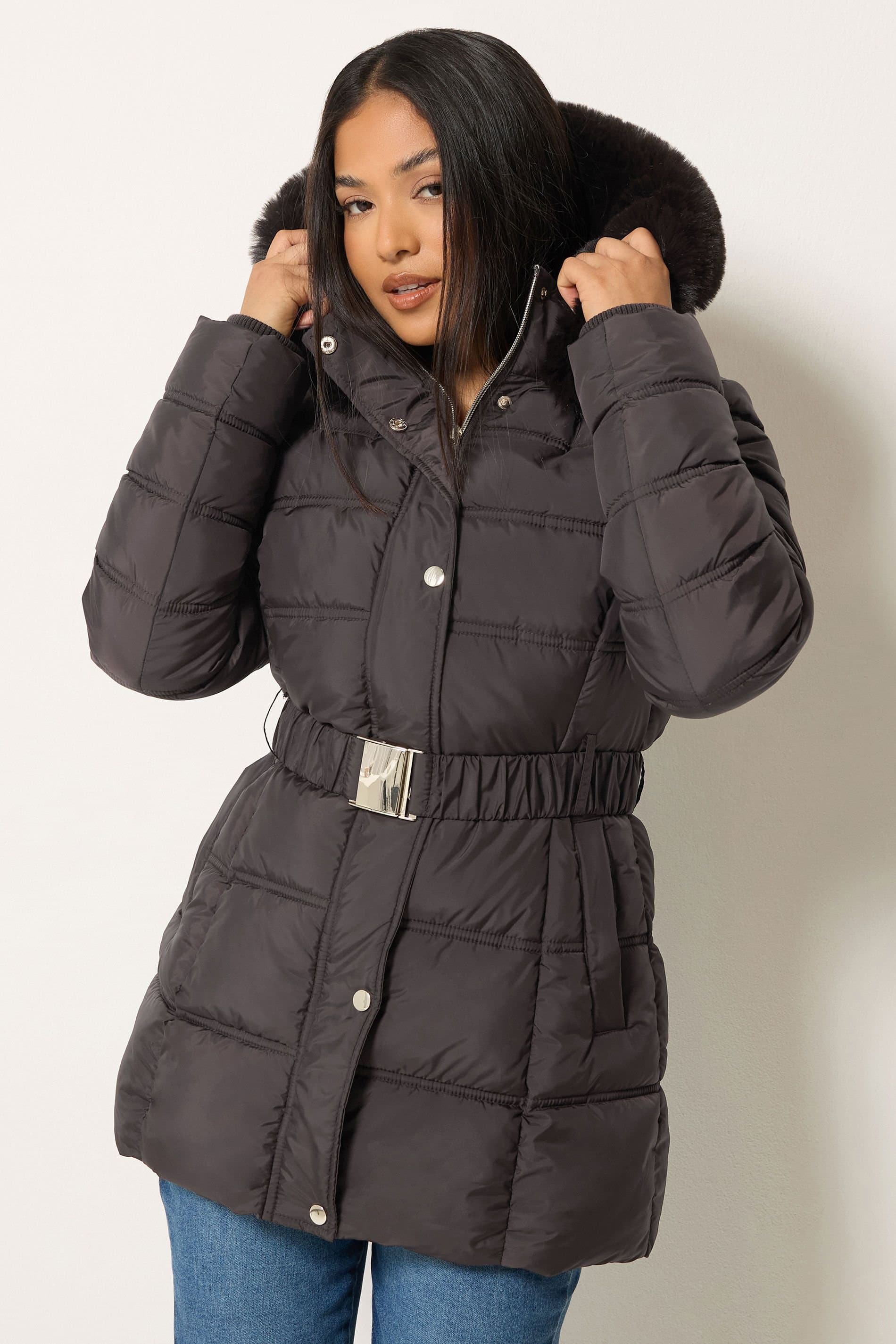 M&Co M&Co Women's Belted Faux Fur Trim Coat in Chocolate