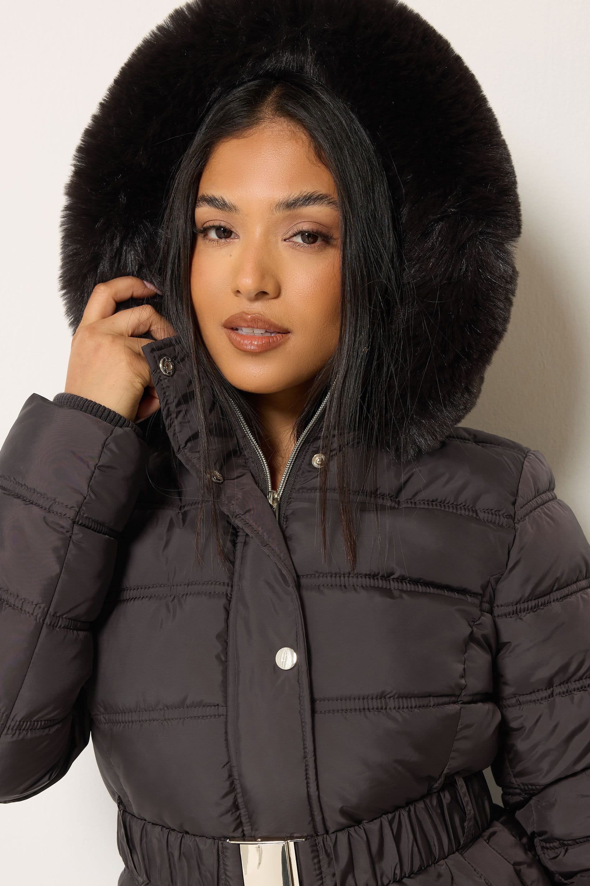 M&Co M&Co Women's Belted Faux Fur Trim Coat in Chocolate - 4