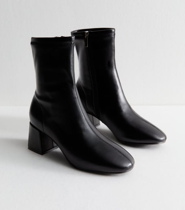 New Look Women's Black Faux Leather Block Heel Ankle Boots Vegan New Look - 2