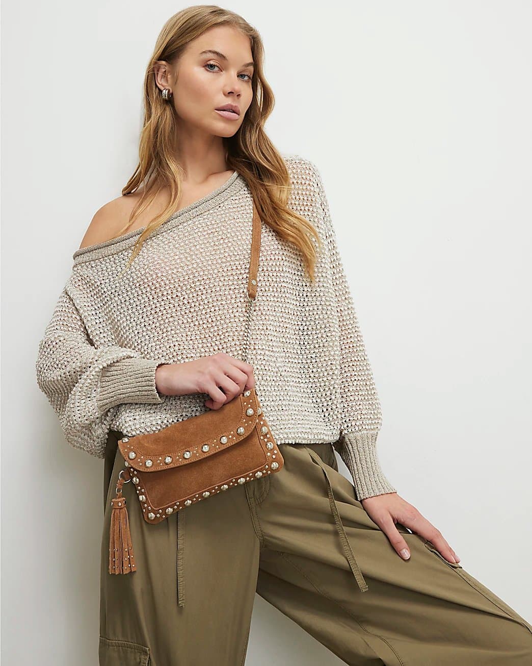 River Island River Island Womens Brown Suede Studded Tassel Cross Body Bag